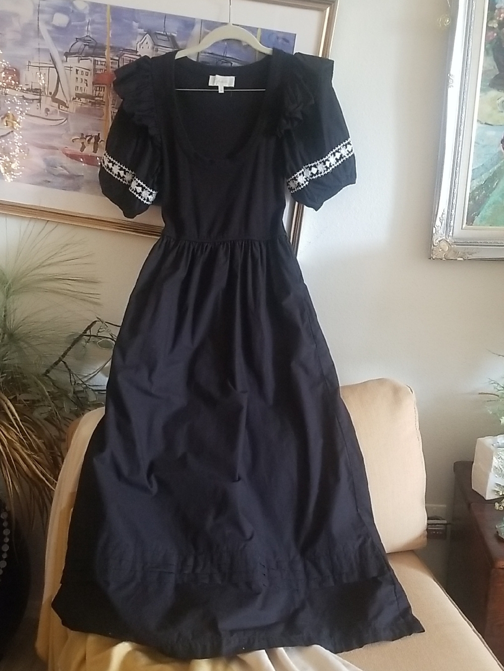 Cleobella Black Maxi Dress with Embroidered Sleeve Trim